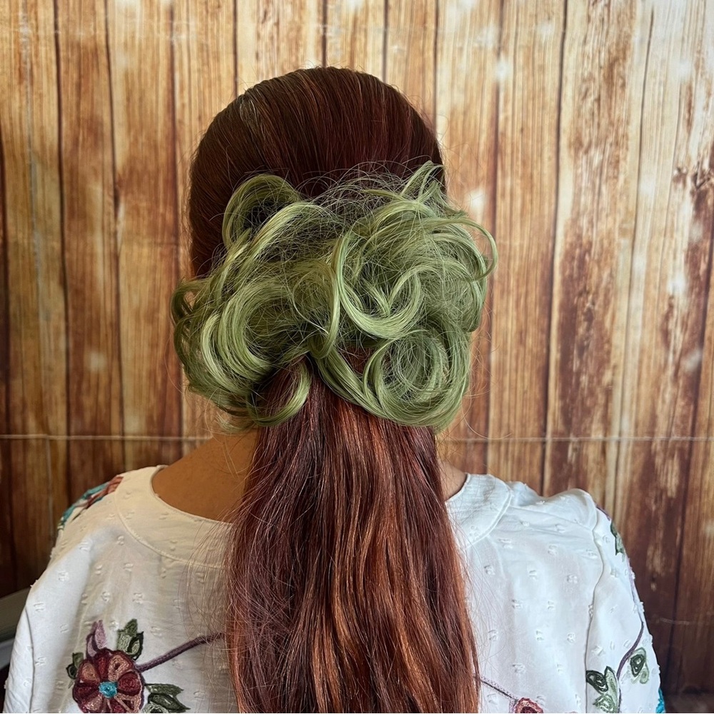 Curly Messy Hair Bun Scrunchie Green Synthetic Updo Extension